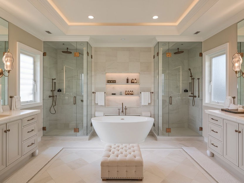 Elegant bathroom with dual vanities, freestanding tub, and neutral color palette