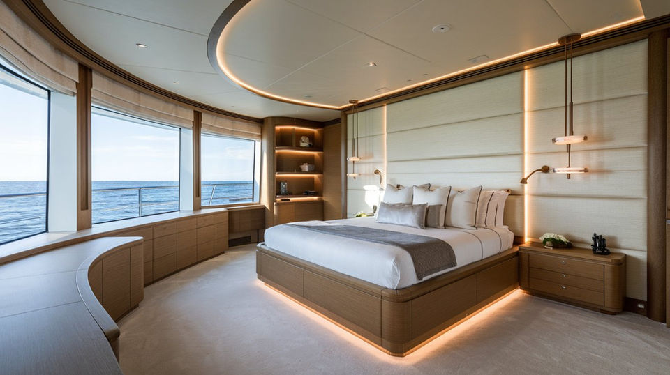 Modern yacht bedroom with ocean views and built-in furniture