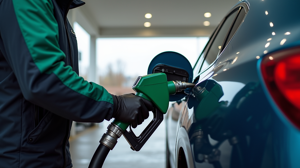 Eye-level view of a mobile technician performing fuel extraction on a car at a petrol station