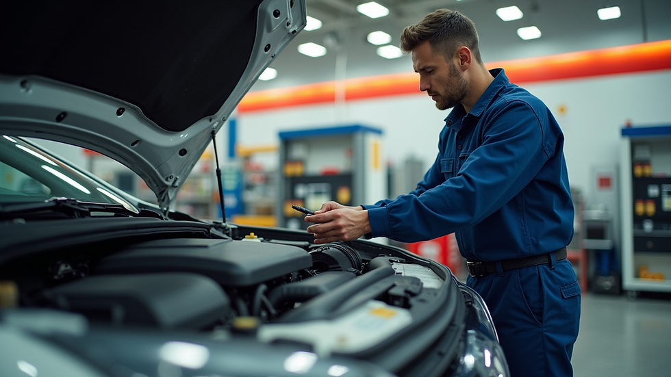 Eye-level view of a mobile mechanic inspecting a car engine at a petrol station