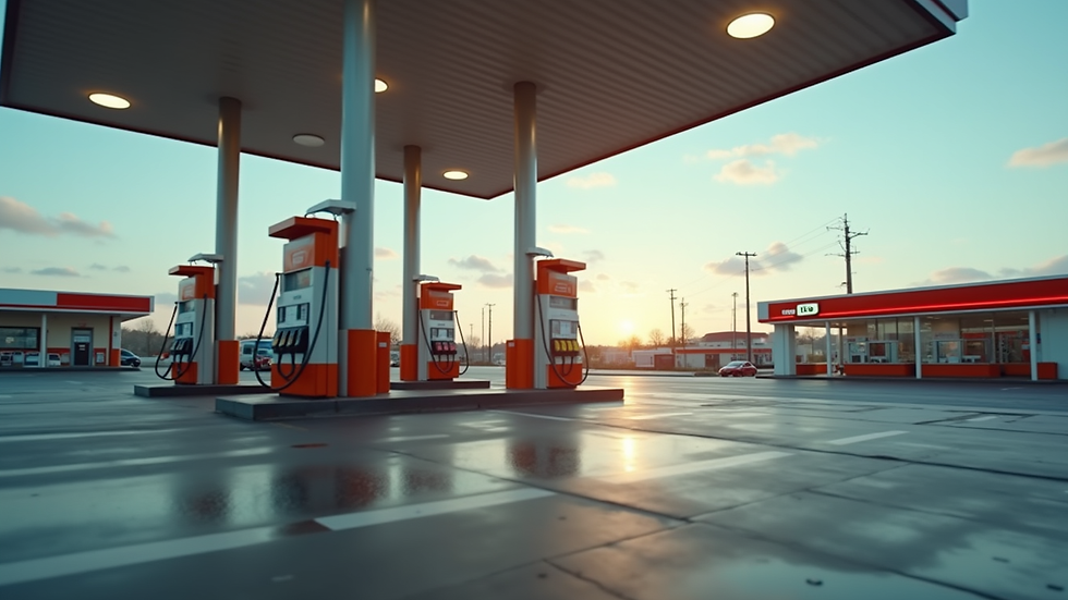 Eye-level view of a petrol station forecourt with multiple fuel pumps