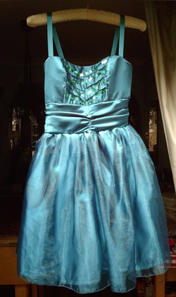 Teal prom dress, chiffon skirt, sequin bodice