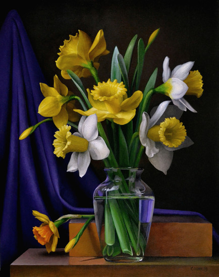 Daffodils with Purple Drape, 20x16, oil on canvas/birch panel, 2015