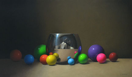 Gumballs with Reflective Cup, 16x28, oil on Canvas, 2024