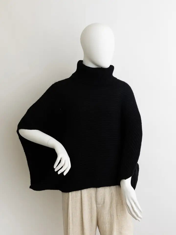 Turtleneck Ribbed Knit Poncho w/ Armholes - Black