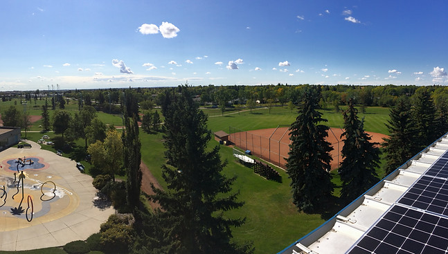 Aerial view of the spray park and ball diamonds