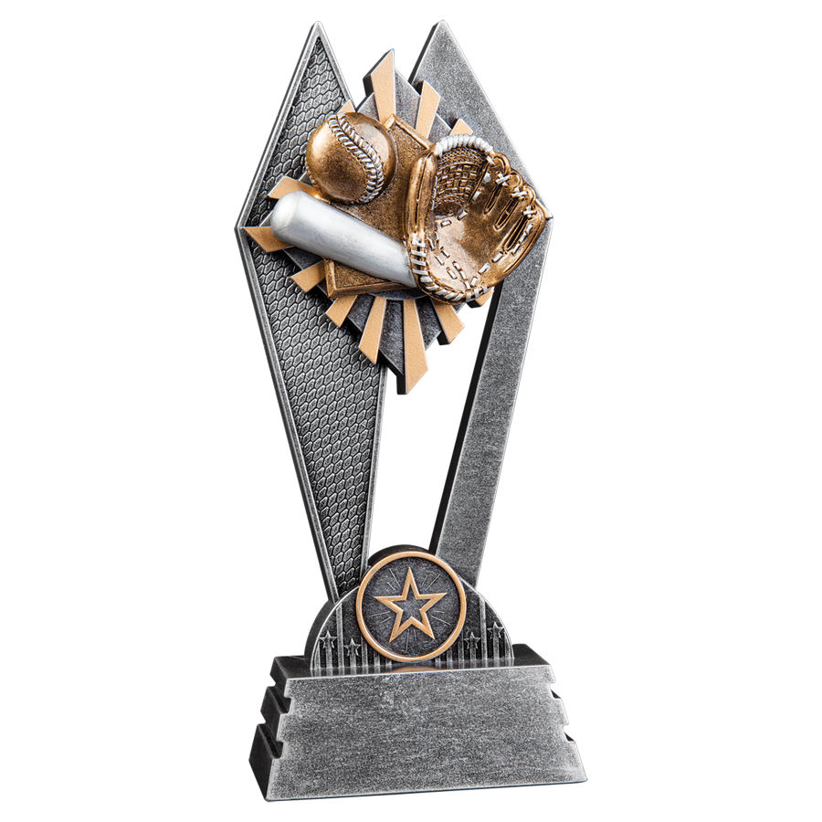 Thumbnail: A resin award with a baseball glove, bat, and ball on it
