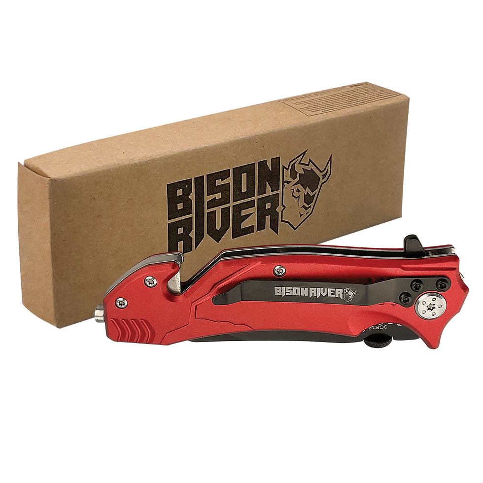 Thumbnail: A folding knife with a seatbelt cutter in front of a box