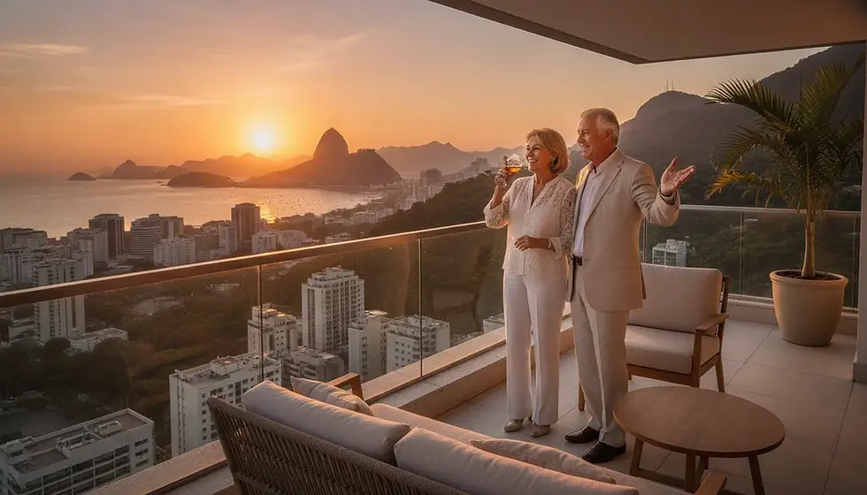Senior couple enjoying Rio de Janeiro view, symbolizing the Brazil retirement visa lifestyle and peaceful living.