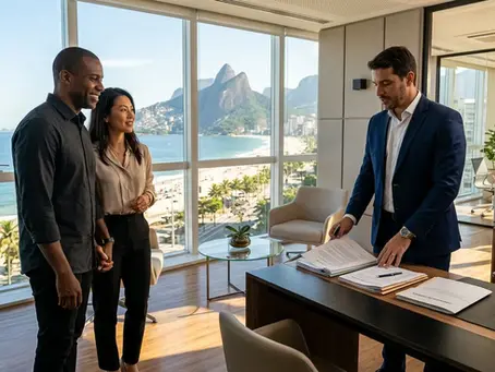 Expatriates discussing brazil permanent residency options with a legal advisor in a modern office with coastal views.