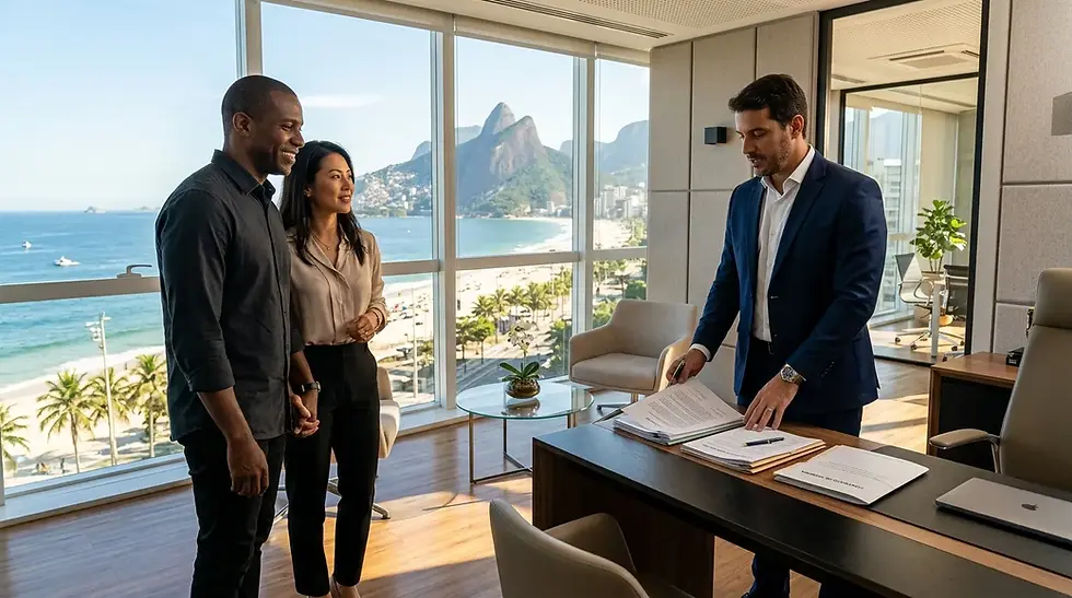 Expatriates discussing brazil permanent residency options with a legal advisor in a modern office with coastal views.