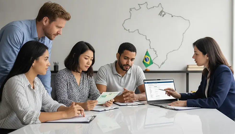 Foreigners receive guidance on obtaining CPF Brazil from a lawyer, reviewing documents and online forms.