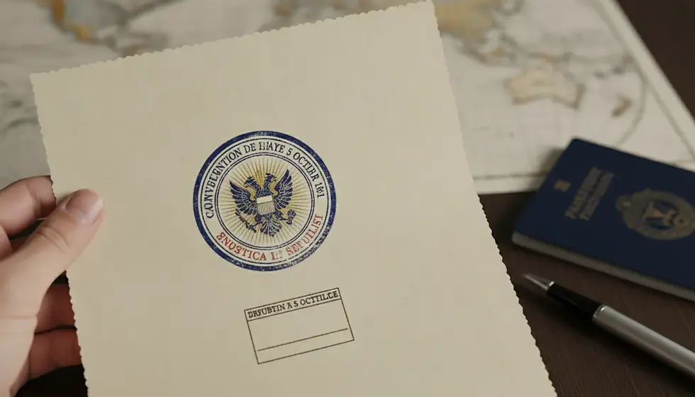 Hand holding document with Apostille of The Hague stamp, symbolizing international legal recognition.