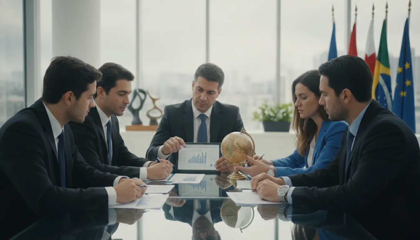 Profissionais de diversas nacionalidades discutem complexidades do trust no exterior e investimentos no Brasil, em escritório moderno.