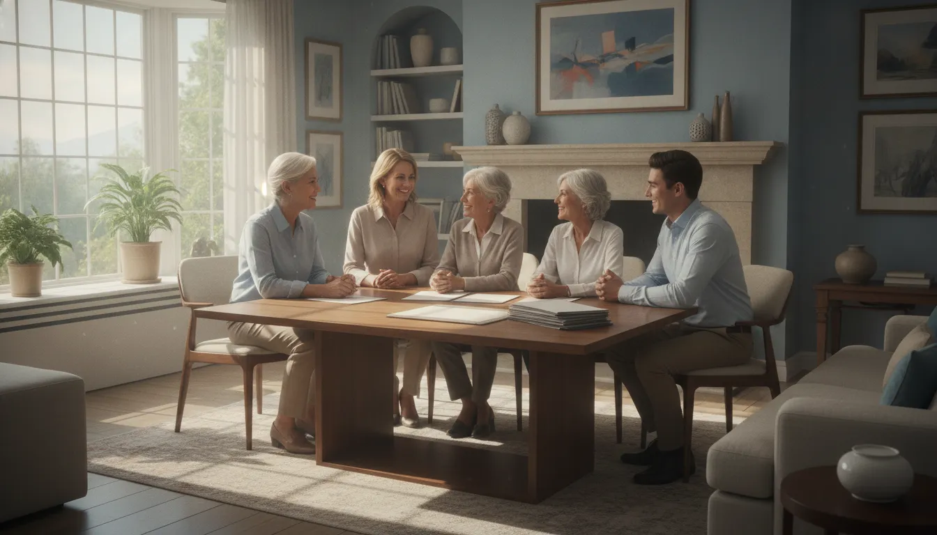 Família reunida para discutir doação em vida, com documentos e caneta sobre a mesa, em ambiente iluminado e seguro.