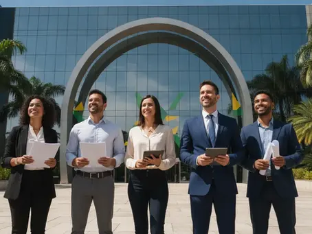 Foreigners confidently navigating the process to obtain a CPF Brazil at a government building entrance.