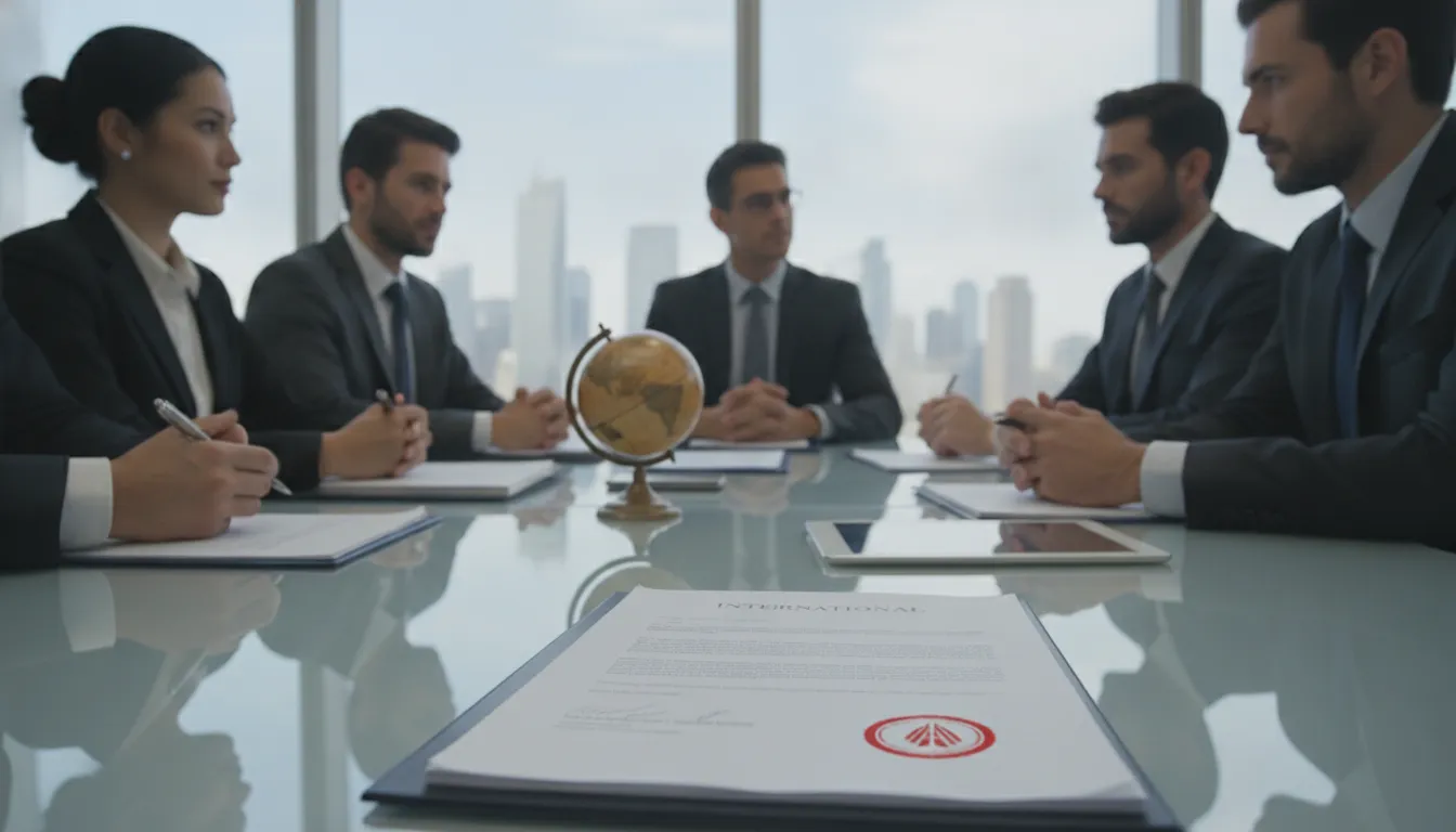Profissionais diversos em escritório moderno discutem apostilamento de haia em documentos internacionais.