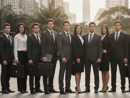 Diverse professionals in front of a modern office building, symbolizing success with a Brazil work visa.
