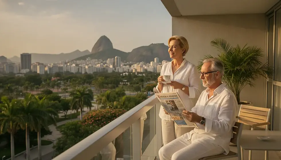 Couple français retraité au Brésil, profitant du soleil sur un balcon avec vue sur Rio de Janeiro.