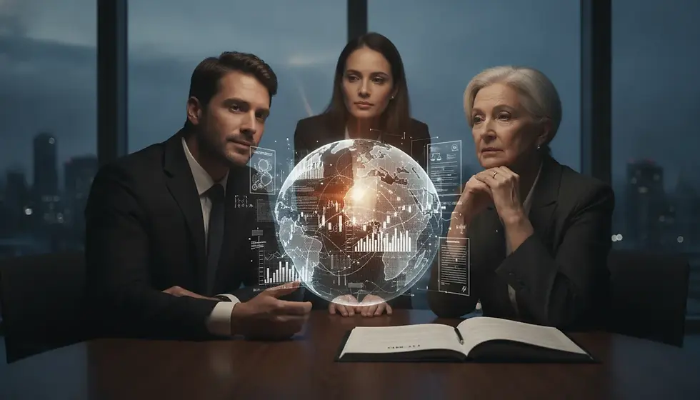 Três pessoas observam projeção global de finanças e leis, simbolizando ITCMD herança exterior e planejamento.