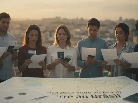 Étrangers, dont Français, Belges, Suisses, contemplant des documents pour visa pour vivre au Brésil, avec ville brésilienne en fond.