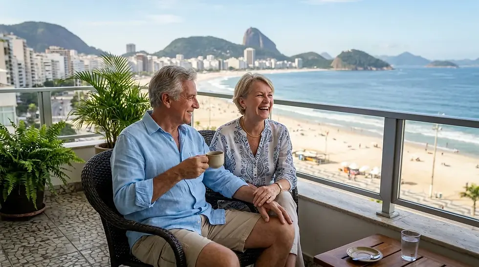 Retired couple enjoying ocean views illustrating the Brazil retirement visa lifestyle for senior expats.