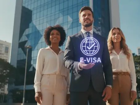 Diverse professionals in Brazil, modern city background, symbolizing easy e visa Brazil for US citizens.