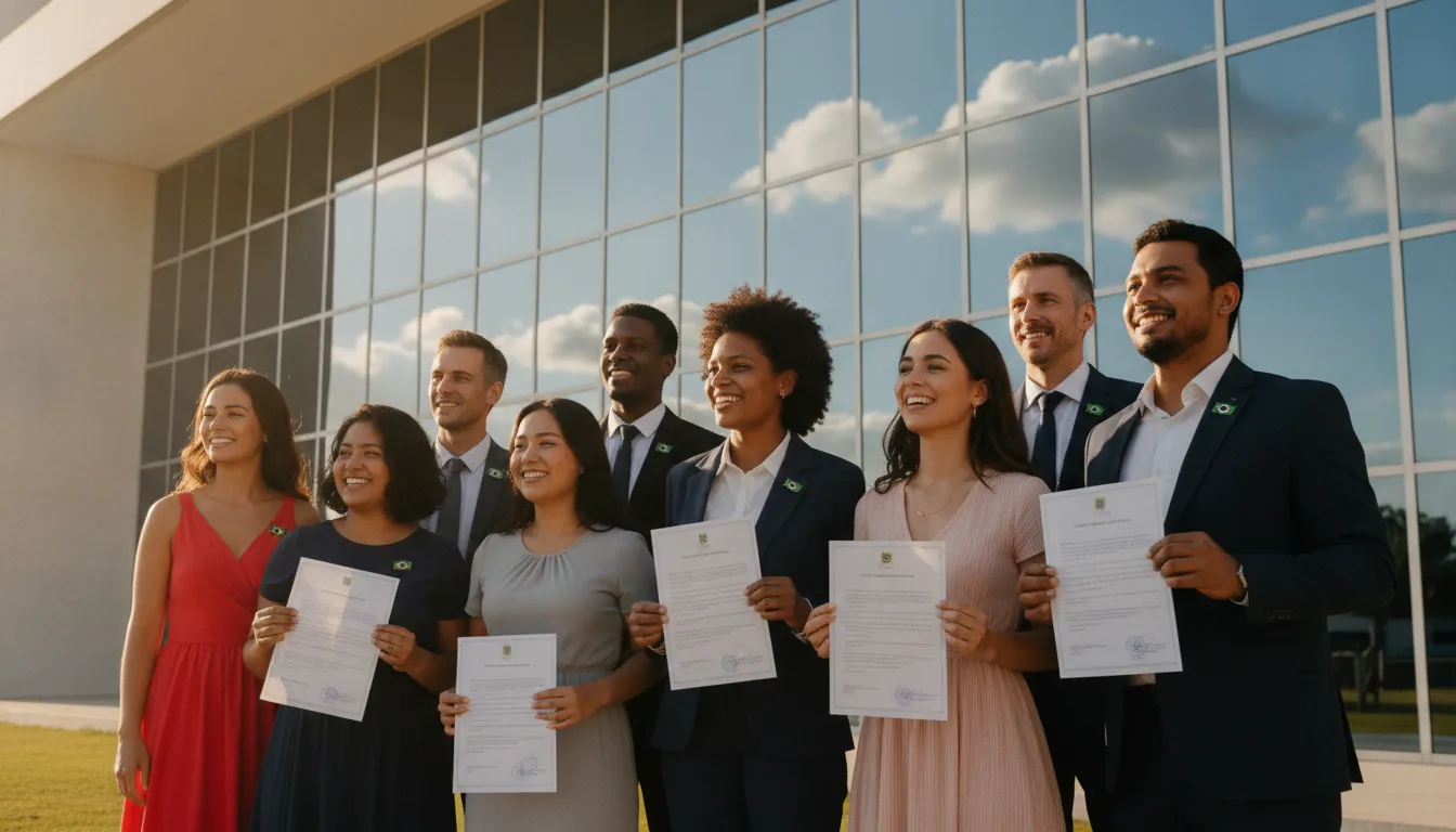 Diverse group celebrates obtaining Brazilian nationality with documents in front of a modern government building.