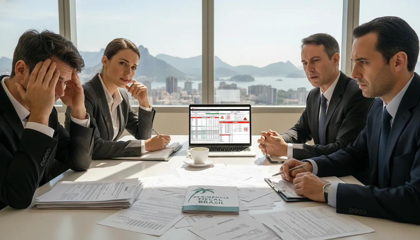 Estrangeiros confusos com documentos fiscais brasileiros, evitando erros caros de residência fiscal Brasil.