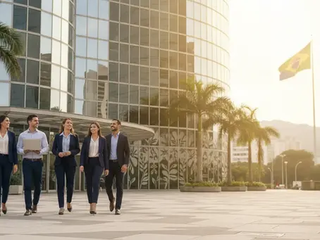 Diverse professionals entering modern building, symbolizing Brazil work visa opportunities and international business growth.