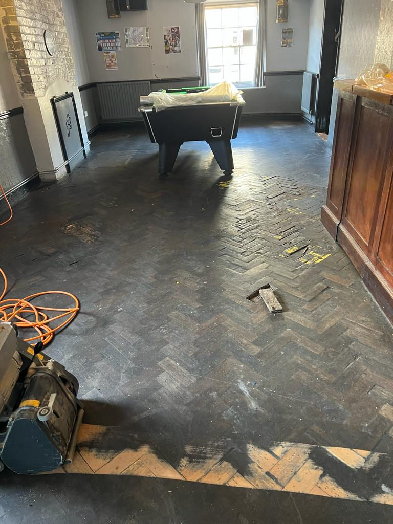 Pine wood block floor before