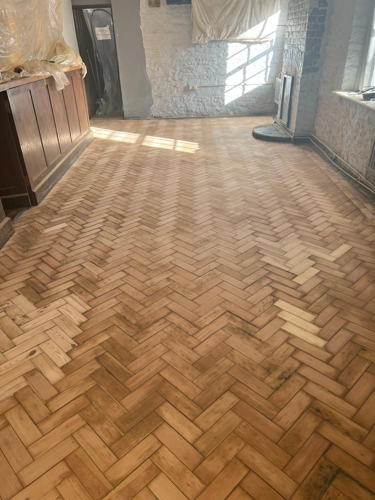 Pine wood block floor after