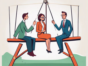 a financial coach and a financial advisor sit on opposite sides of a seesaw