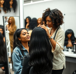 Multicultural female wig shop owner with a person sitting down trying on a black wig looki