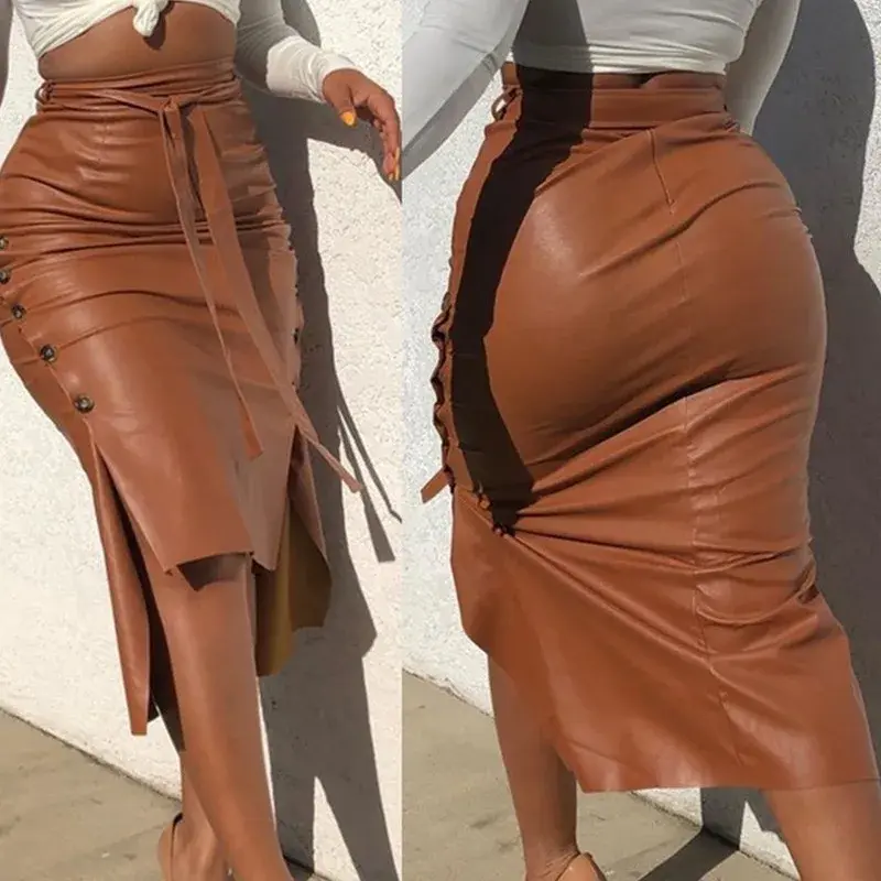 Thumbnail: Women’s High-Waist PU Leather Mid-Length Skirt with Slit