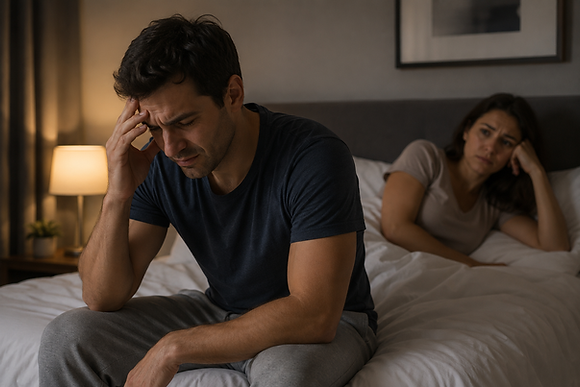Casal em cama, homem cabisbaixo e preocupado; mulher ao fundo, pensativa. Quarto escuro com abajur aceso.