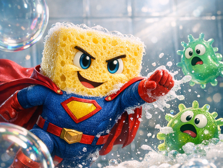 Ilustração de um personagem em formato de esponja de banho combatendo as bactérias