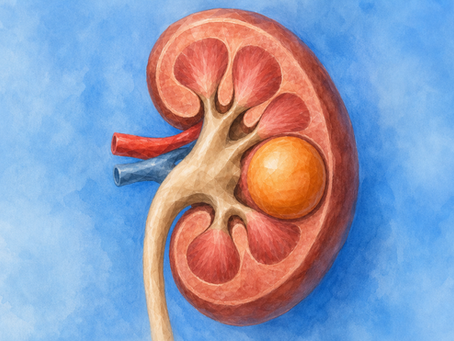 Ilustração de um rim em corte sobre fundo azul, com vasos vermelhos e azuis e uma imagem laranja exemplificando um cisto renal.
