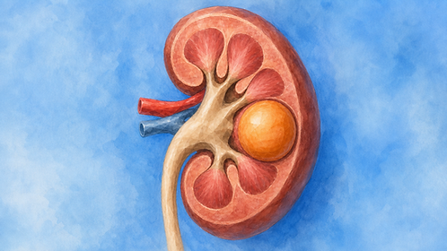 Ilustração de um rim em corte sobre fundo azul, com vasos vermelhos e azuis e uma imagem laranja exemplificando um cisto renal.