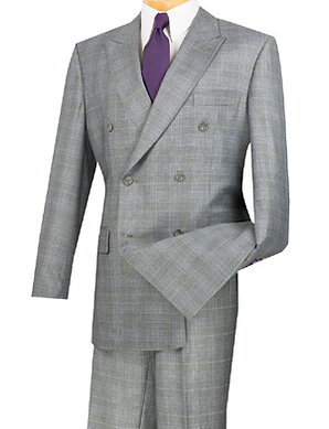 2-PIECE SUIT DOUBLE BREASTED- WOOL, 6x2 , SIDE VENTS, PLEATED PANT, GLEN PLAID