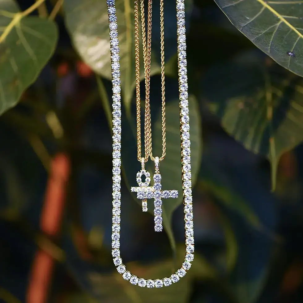 Thumbnail: Hip Hop Ankh Cross Pendant Necklace with Cubic Zirconia on Copper Chain