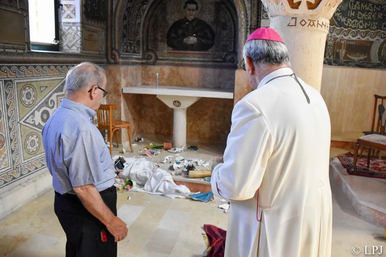 Damage caused by vandalism in a Palestinian church