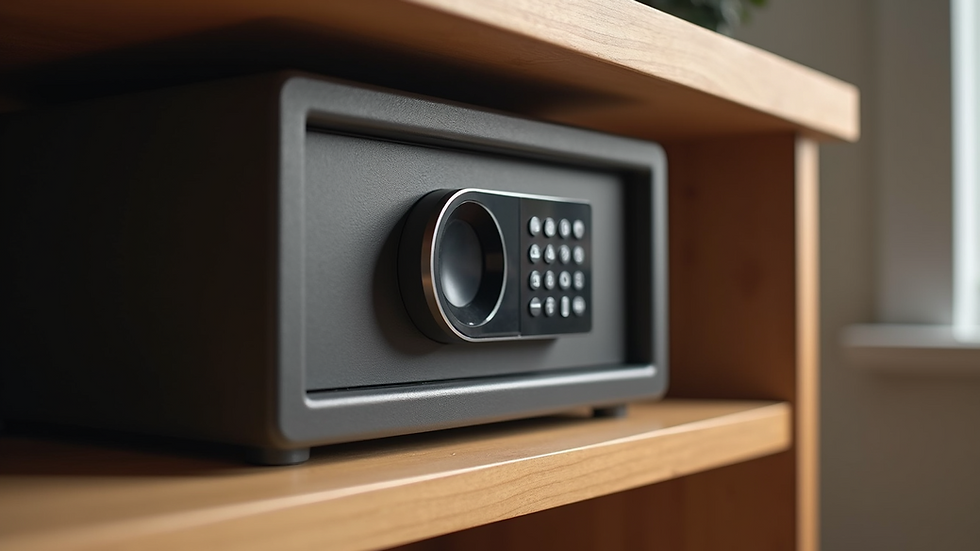 Eye-level view of a digital home safe installed in a wooden cabinet