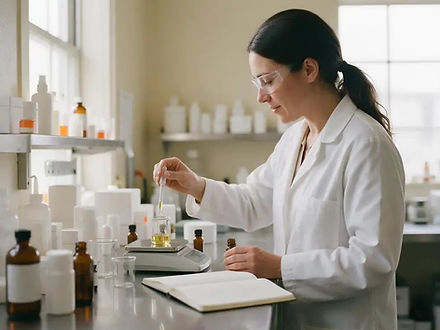 A chemist in safety glasses adding essential oil to a beaker on a scale
