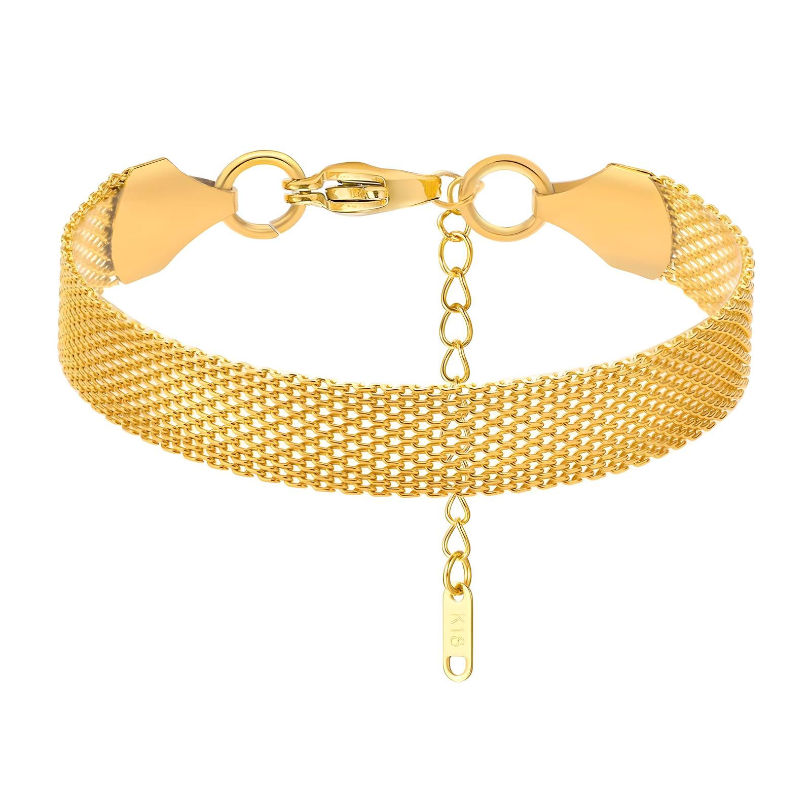 Elegant gold bracelet, Gilded Gleam Bracelet, featuring woven mesh design, clasp and extender.