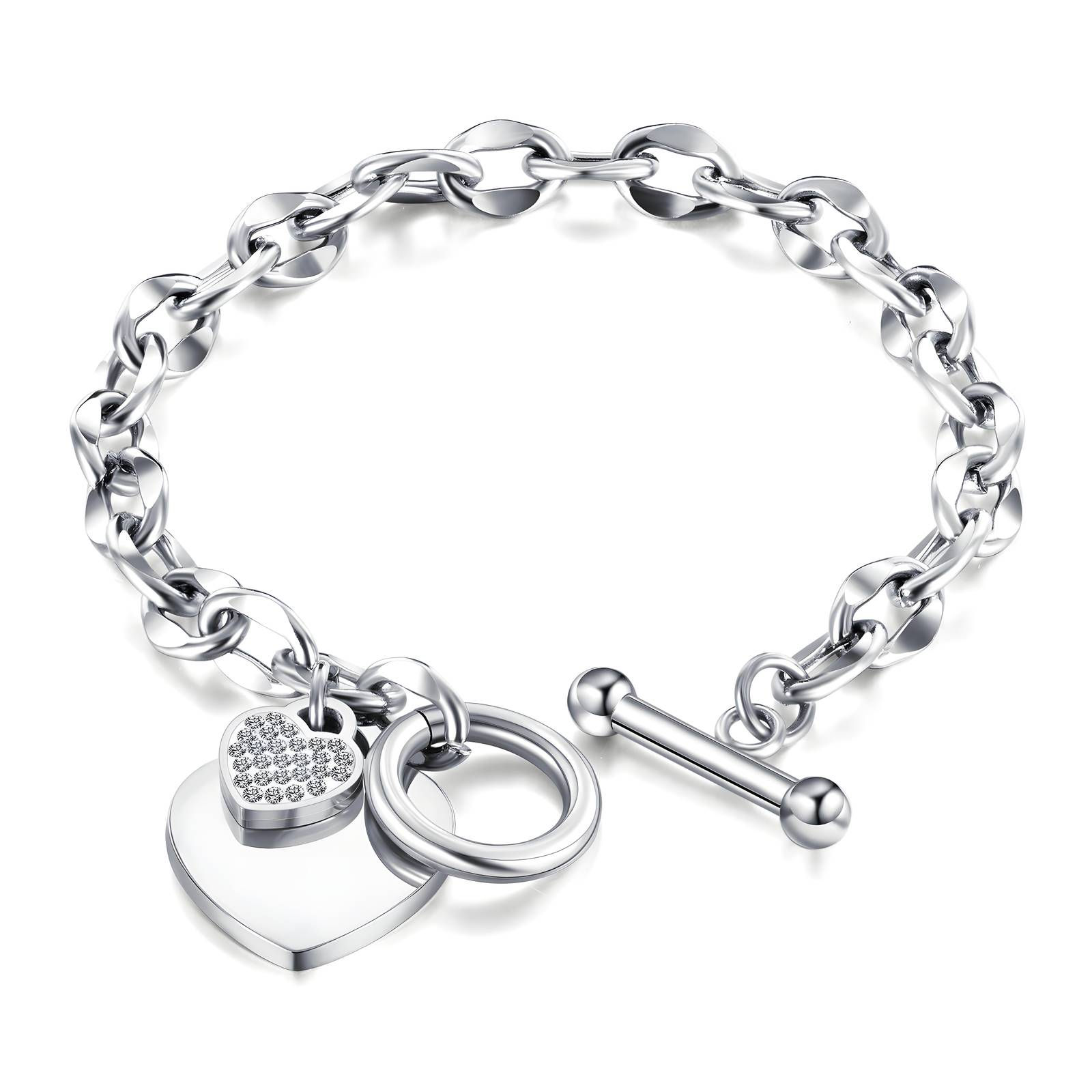 Silver bracelet with heart charm and Heart of Silver Bracelet on white background.