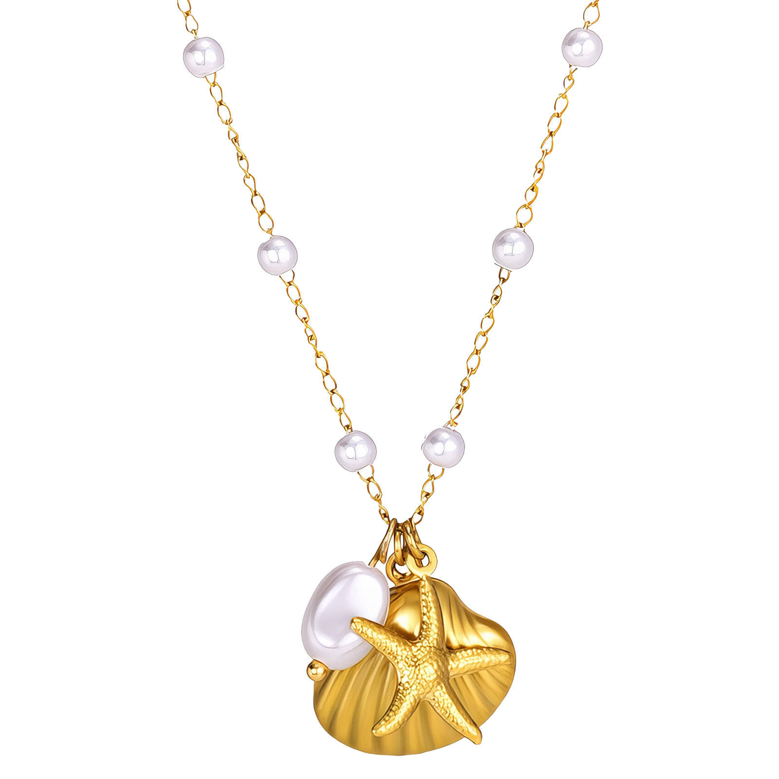 Gold necklace with seashell, starfish, and pearl; Coastal Charm Necklace displayed beautifully.
