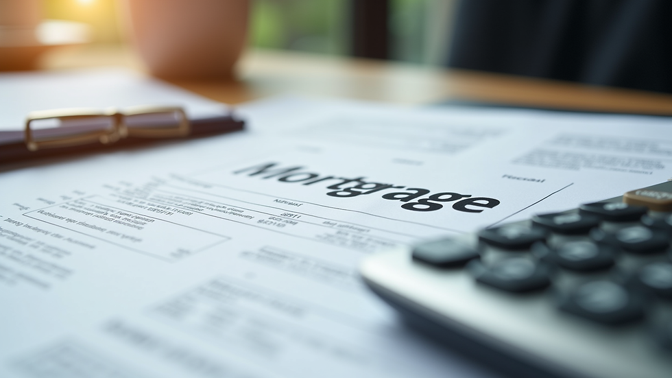 Close-up view of mortgage documents and calculator on a desk