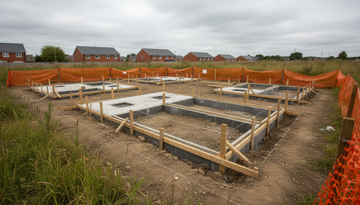 Eye-level view of a small development site with foundations in place