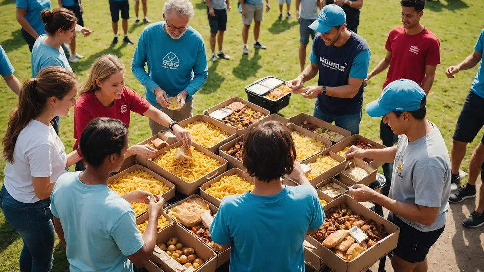 High angle view of a group of volunteers distributing food at a local community event